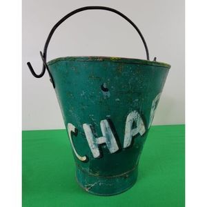Antique Enamel Green Bucket with CHARM painted on  Rusty pail with Handle
